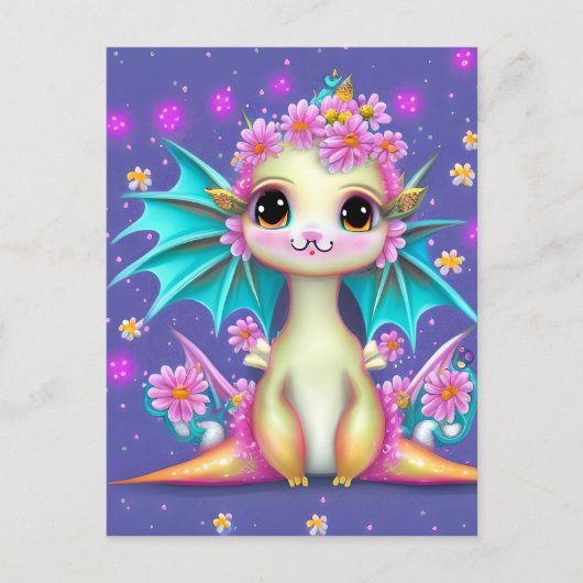 Cute Baby Dragon met roze bloemen Briefkaart (Voorkant)