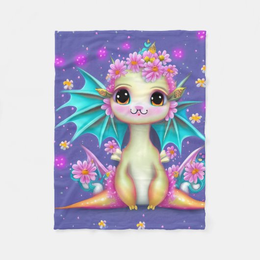 Cute Baby Dragon met roze bloemen Fleece Deken (Voorkant)
