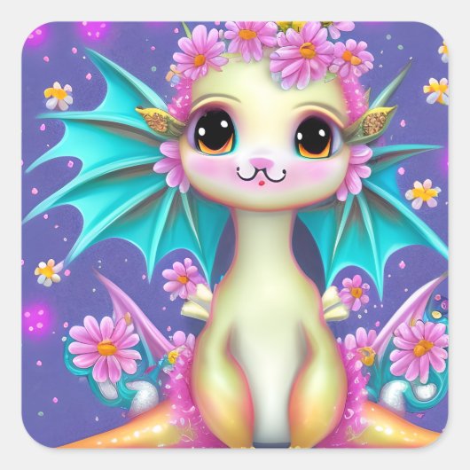 Cute Baby Dragon met roze bloemen Vierkante Sticker (Voorkant)
