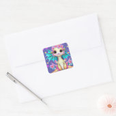 Cute Baby Dragon met roze bloemen Vierkante Sticker (Envelop)