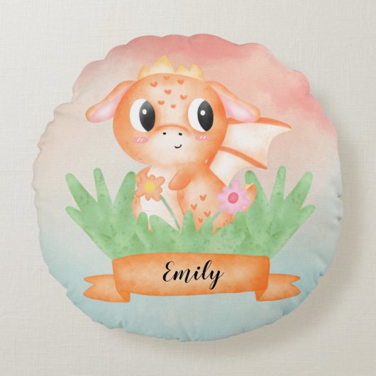 Cute Baby Dragon Waterverf Rond Kussen (Voorkant)
