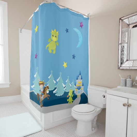 Cute Baby Dragons & Knight w/ Castle Nursery Theme Douchegordijn (In situ)