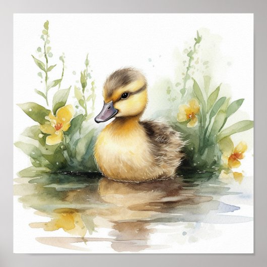 Cute Baby Duck, Duck op een Pond Waterverf Poster (Voorkant)