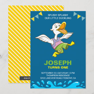 Cute Baby Duck First 1st Birthday Party Invitation Kaart