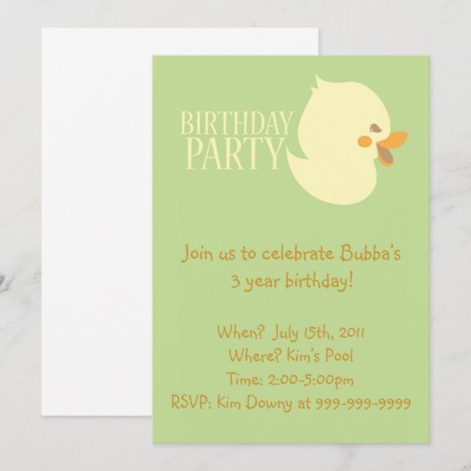 Cute Baby Ducking Rubber Ducky Birthday Invitae Kaart (Voorkant / Achterkant)