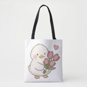 Cute Baby Eend met Tulpenboeket Esthetiek Tote Bag