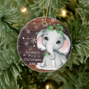 Cute BABY EERST CHRISTMAS Elephant Wood Snowflake Keramisch Ornament