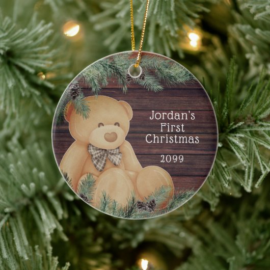 Cute BABY EERSTE CHRISTMAS Teddy Bear Wood Pine Keramisch Ornament (Boom)