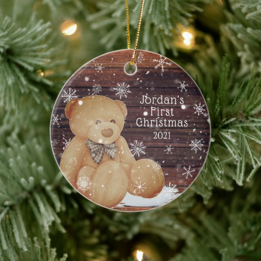 Cute BABY EERSTE CHRISTMAS Teddy Bear Wood Sneeuw Keramisch Ornament (Boom)