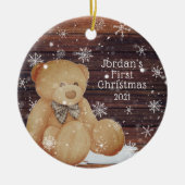Cute BABY EERSTE CHRISTMAS Teddy Bear Wood Sneeuw Keramisch Ornament (Voorkant)