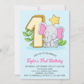 Cute Baby Elephant 1st Birthday Party Invitation Kaart (Voorkant)