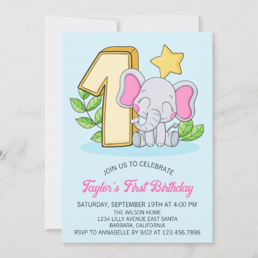 Cute Baby Elephant 1st Birthday Party Invitation Kaart (Voorkant)
