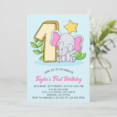Cute Baby Elephant 1st Birthday Party Invitation Kaart (Staand voorkant)
