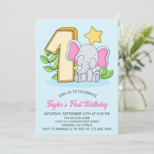 Cute Baby Elephant 1st Birthday Party Invitation Kaart (Staand voorkant)