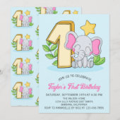 Cute Baby Elephant 1st Birthday Party Invitation Kaart (Voorkant / Achterkant)