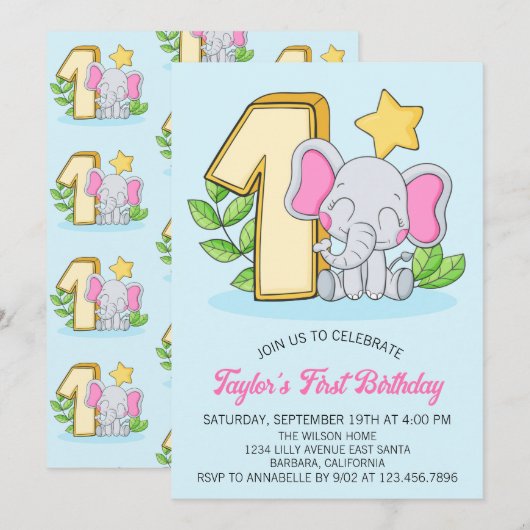 Cute Baby Elephant 1st Birthday Party Invitation Kaart (Voorkant / Achterkant)