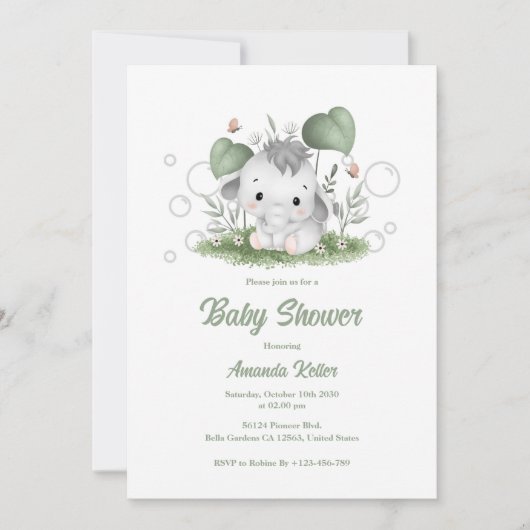 Cute Baby Elephant Baby shower Invitation Kaart (Voorkant)