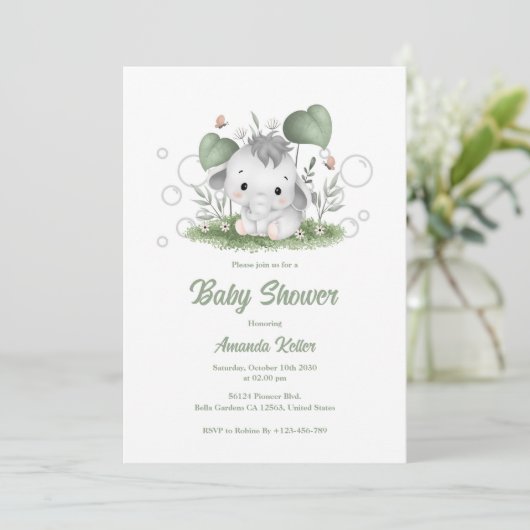 Cute Baby Elephant Baby shower Invitation Kaart (Staand voorkant)