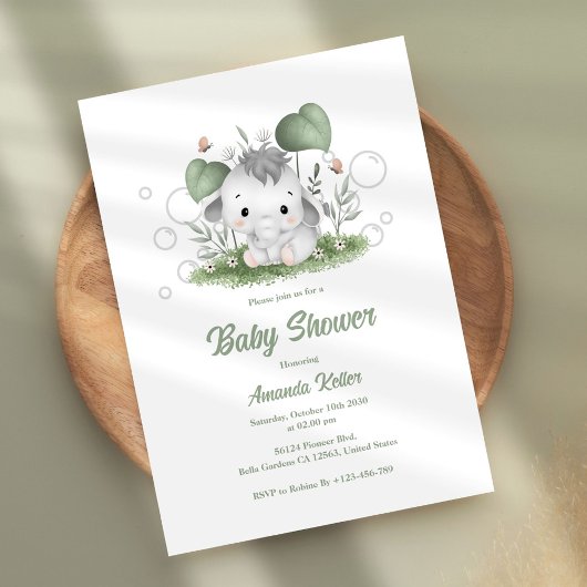 Cute Baby Elephant Baby shower Invitation Kaart