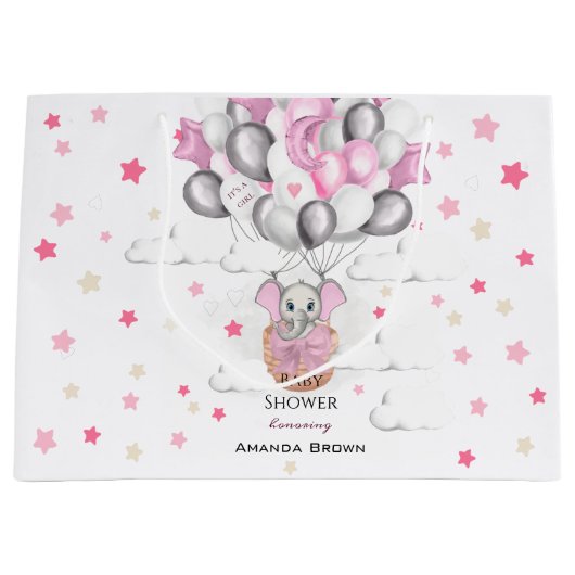 Cute Baby Elephant Balloon Basket Girl Baby shower Groot Cadeauzakje (Voorkant)