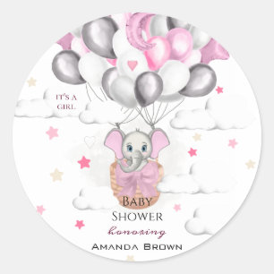 Cute Baby Elephant Balloon Basket Girl Baby shower Ronde Sticker
