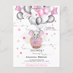 Cute Baby Elephant Balloon Basket Girl Baby shower Uitnodiging Briefkaart