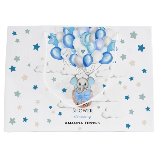 Cute Baby Elephant Balloons Basket Boy Baby shower Groot Cadeauzakje (Voorkant)