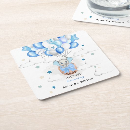 Cute Baby Elephant Balloons Basket Boy Baby shower Kartonnen Onderzetters (Schuin)