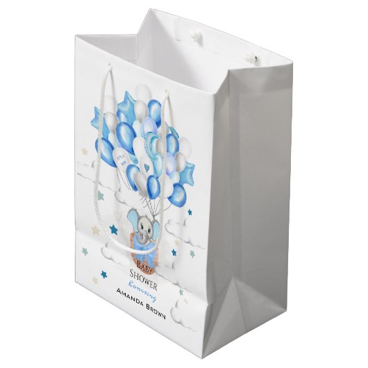 Cute Baby Elephant Balloons Basket Boy Baby Shower Medium Cadeauzakje (Voorkant Gekanteld)