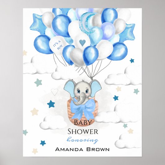 Cute Baby Elephant Balloons Basket Boy Baby shower Poster (Voorkant)