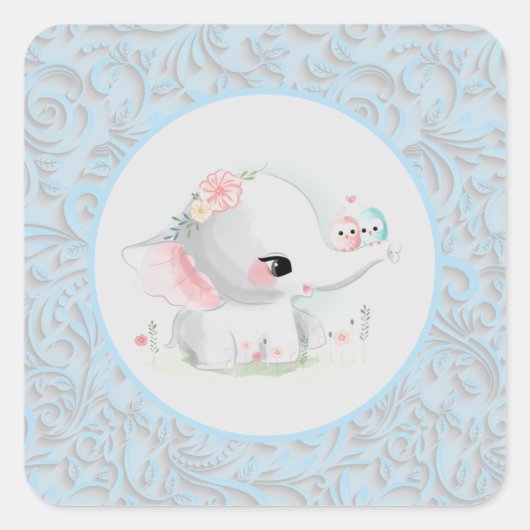 Cute Baby Elephant Blue Boy Vierkante Sticker (Voorkant)