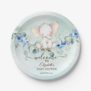 Cute Baby Elephant Blue Rozen Papieren Bordje