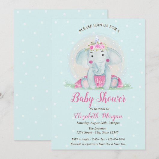 Cute Baby Elephant, Blue Stippen Baby shower Kaart (Voorkant / Achterkant)