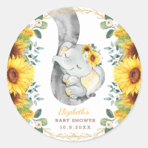 Cute Baby Elephant & Boho Rustic Sunflower Ronde Sticker
