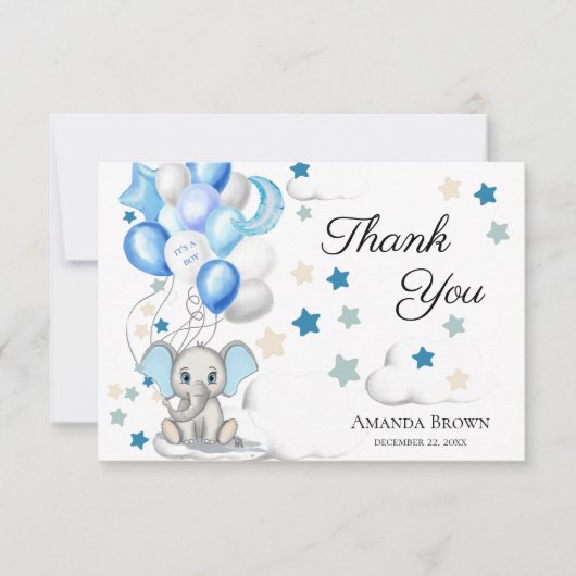 Cute Baby Elephant Boy Baby shower | Dank u wel Bedankkaart (Voorkant)