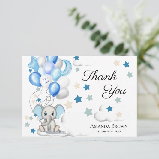 Cute Baby Elephant Boy Baby shower | Dank u wel Bedankkaart (Staand voorkant)