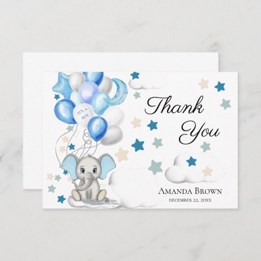 Cute Baby Elephant Boy Baby shower | Dank u wel Bedankkaart (Voorkant / Achterkant)