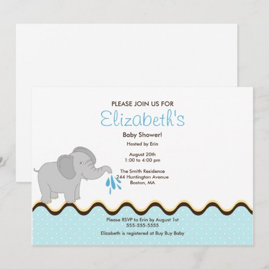 Cute Baby Elephant Boy Baby shower Invitation Kaart (Voorkant / Achterkant)