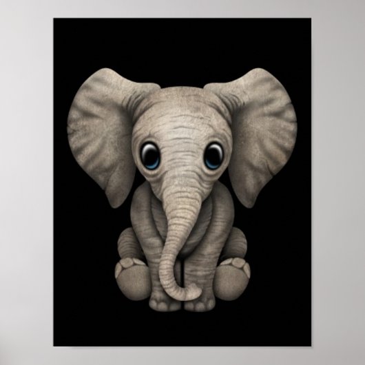 Cute Baby Elephant Calf Sitting Down, Black Poster (Voorkant)