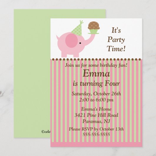 Cute Baby Elephant & Cupcake Birthday Uitnodiging (Voorkant / Achterkant)
