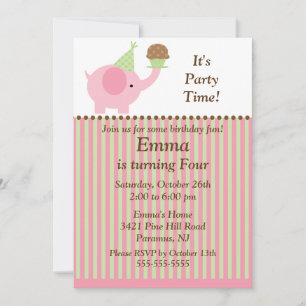 Cute Baby Elephant & Cupcake Birthday Uitnodiging