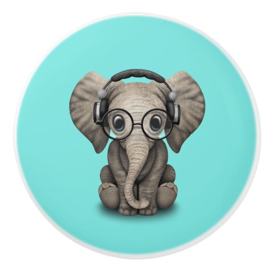 Cute Baby Elephant Dj met hoofdtelefoon en glas Keramische Knop (Voorkant)