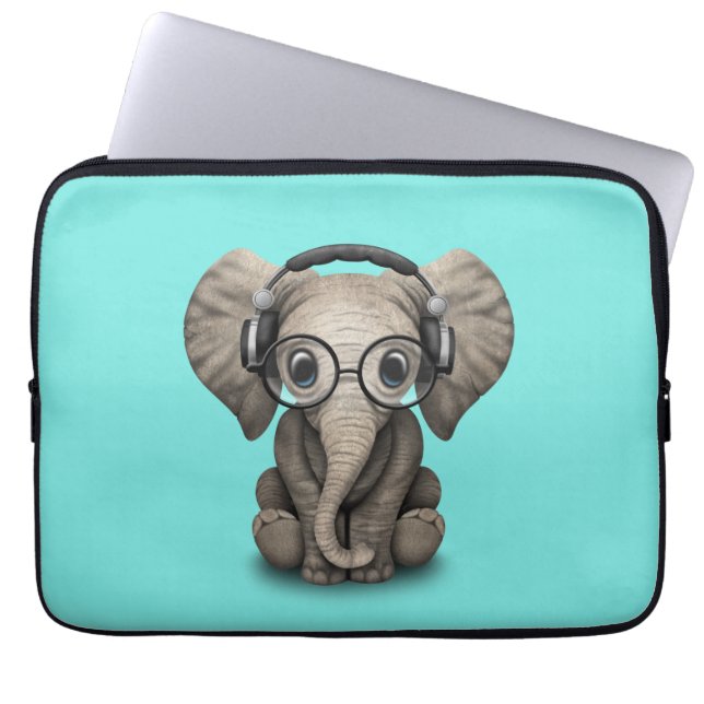 Cute Baby Elephant Dj met hoofdtelefoon en glas Laptop Sleeve (Voorkant)
