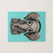 Cute Baby Elephant Dj met hoofdtelefoon en glas Legpuzzel (Horizontaal)