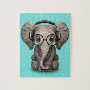 Cute Baby Elephant Dj met hoofdtelefoon en glas Legpuzzel