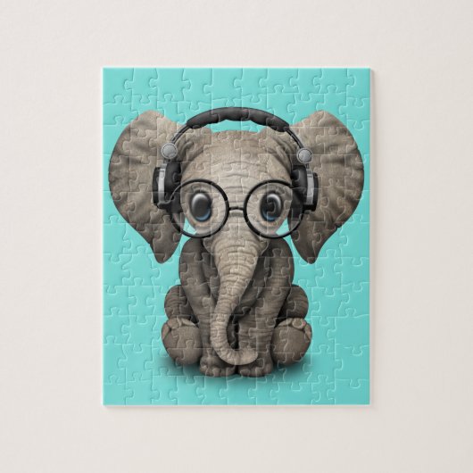 Cute Baby Elephant Dj met hoofdtelefoon en glas Legpuzzel (Verticaal)