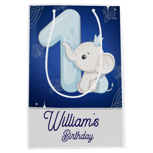 Cute Baby Elephant First Birthday Medium Cadeauzakje (Voorkant)
