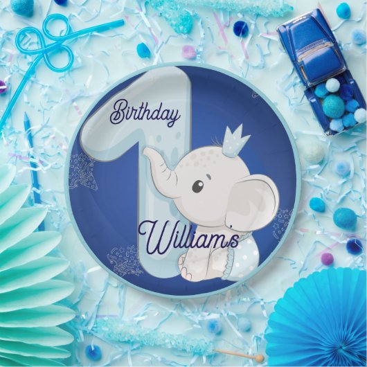 Cute Baby Elephant First Birthday Papieren Bordje (Feest)