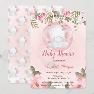 Cute Baby Elephant Floral Baby shower Invitation Kaart