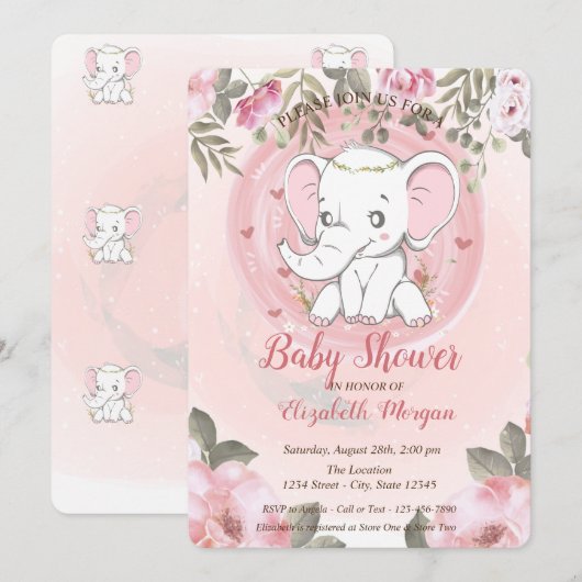 Cute Baby Elephant, Floral Baby shower Kaart (Voorkant / Achterkant)